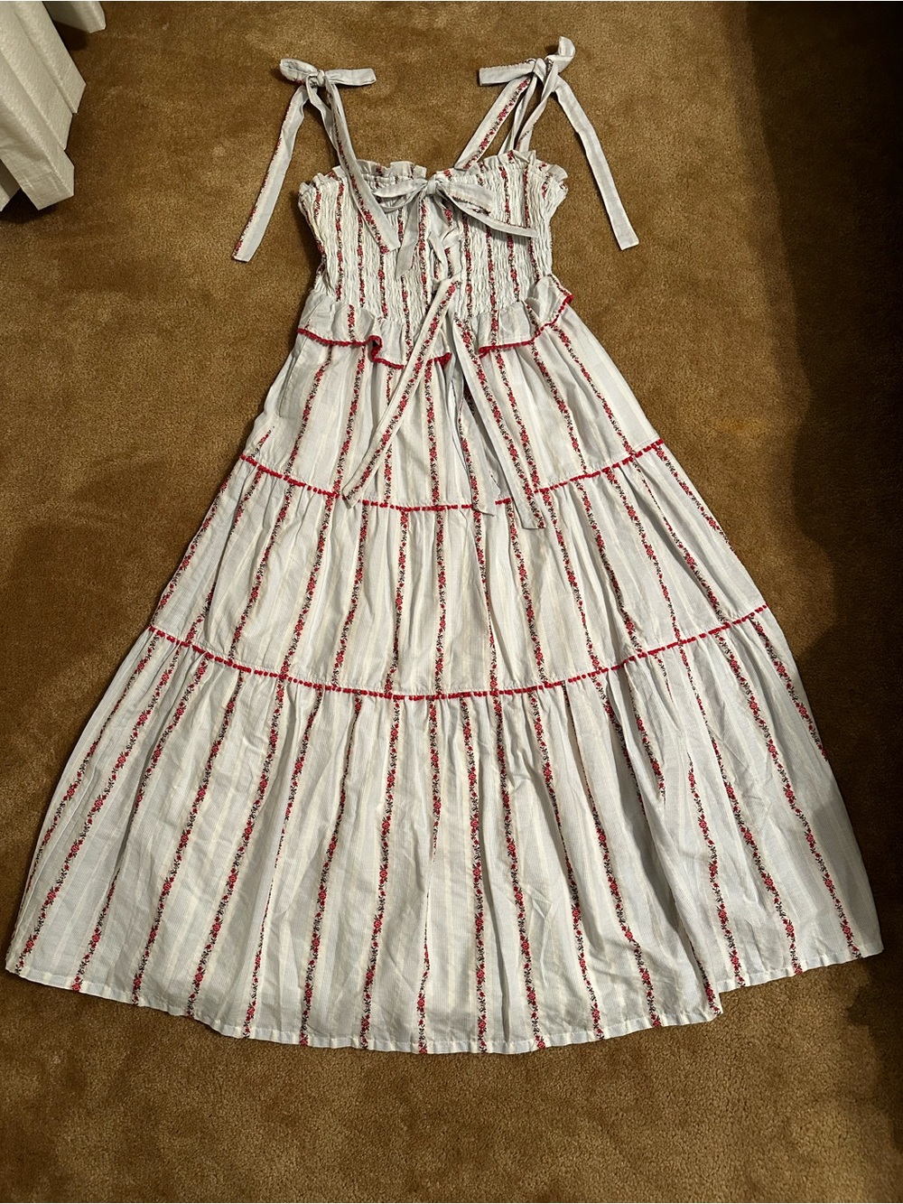 Listicle White Maxi Dress with Red Stripes and Tie-Shoulder